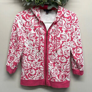 Tommy Hilfiger Pink White Floral Roses 3/4 Sleeve Full Zip Hoodie M
